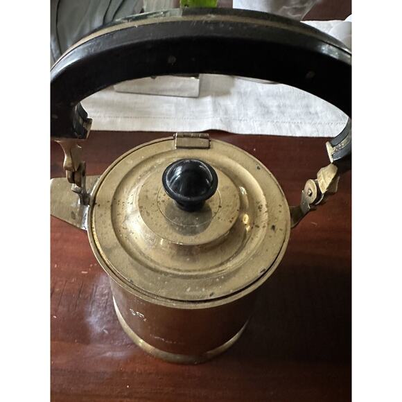 Vintage Brass Tea Pot Kettle Wood Handle Lid Attached, Flaw With The Handle - Picture 14 of 16